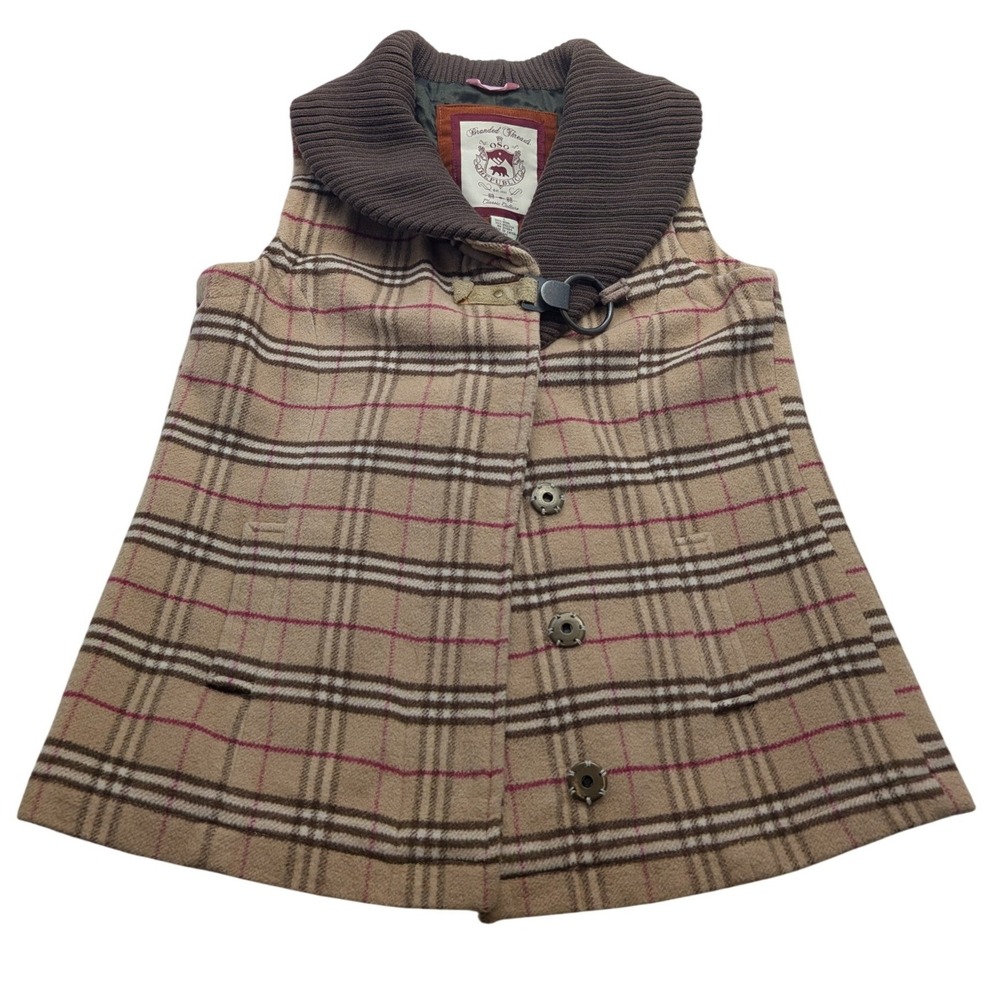 Oso Republic Plaid Wool Blent Vest Womens L‎ Tan Brown Pink Shawl Collar A-Line